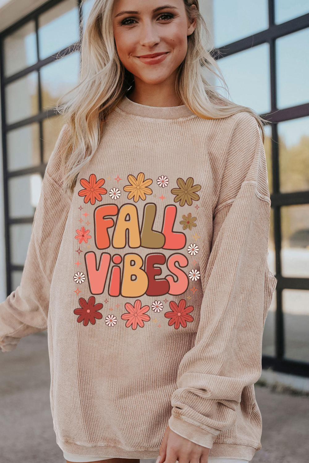 Women Apricot Twisted Rib Fall Vibe Graphic Baggy Sweatshirt | Sweatshirts