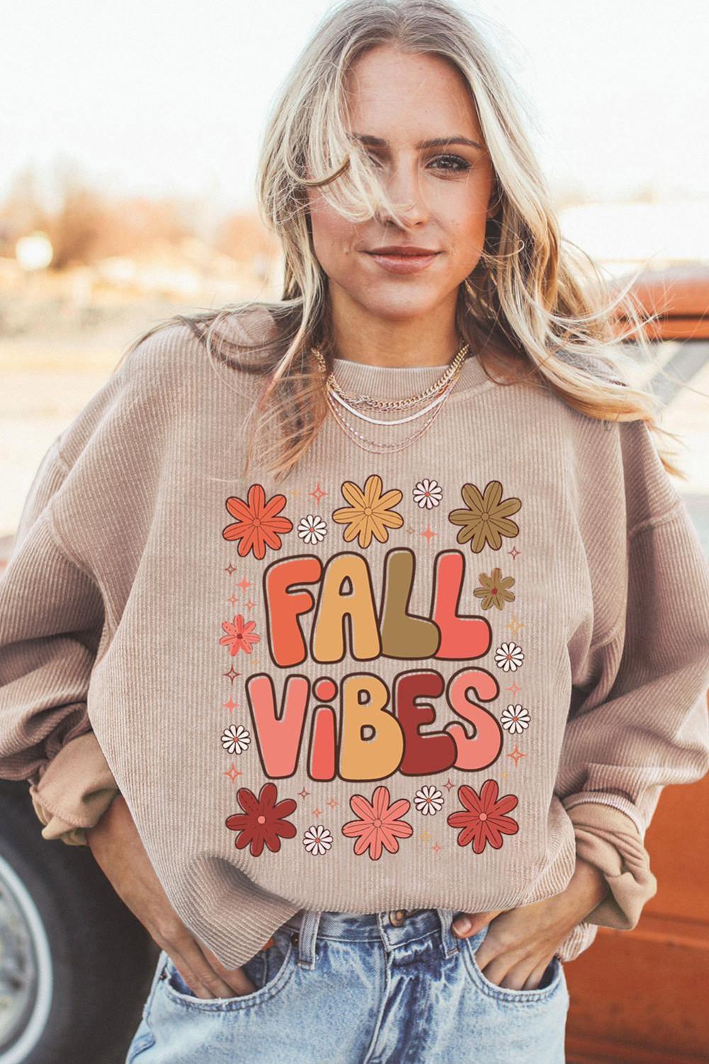Women Apricot Twisted Rib Fall Vibe Graphic Baggy Sweatshirt | Sweatshirts