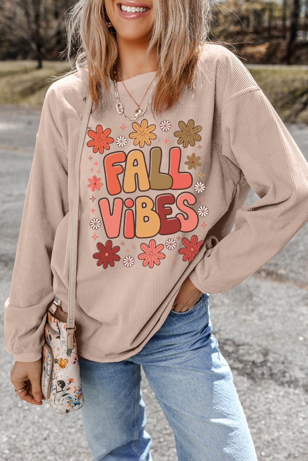 Women Apricot Twisted Rib Fall Vibe Graphic Baggy Sweatshirt | Sweatshirts