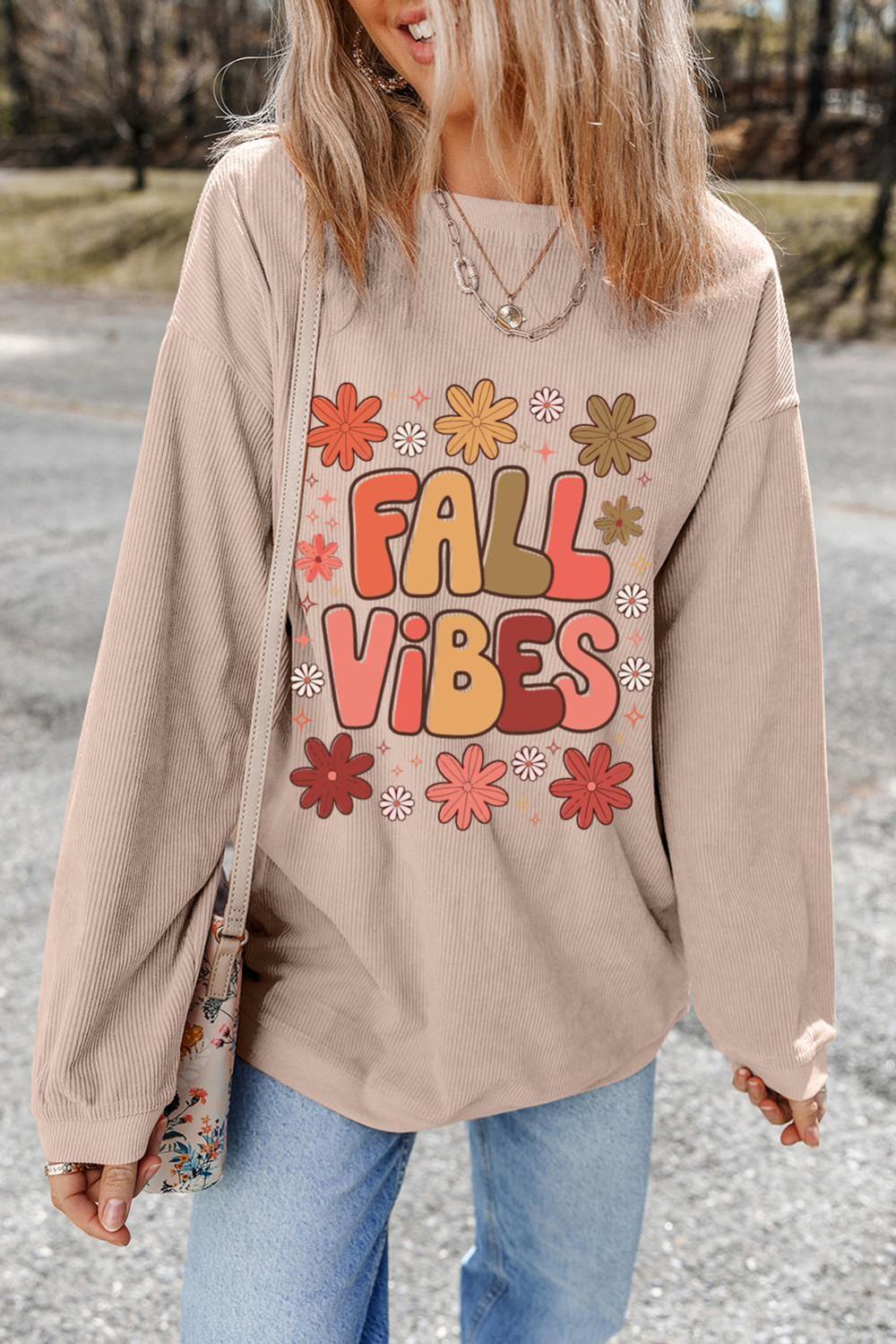 Women Apricot Twisted Rib Fall Vibe Graphic Baggy Sweatshirt | Sweatshirts
