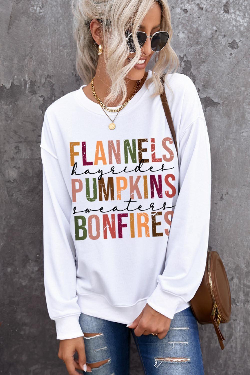 Women Beige Flannels Pumpkins Bonfires Graphic Drop Shoulder Sweatshirt | Sweatshirts