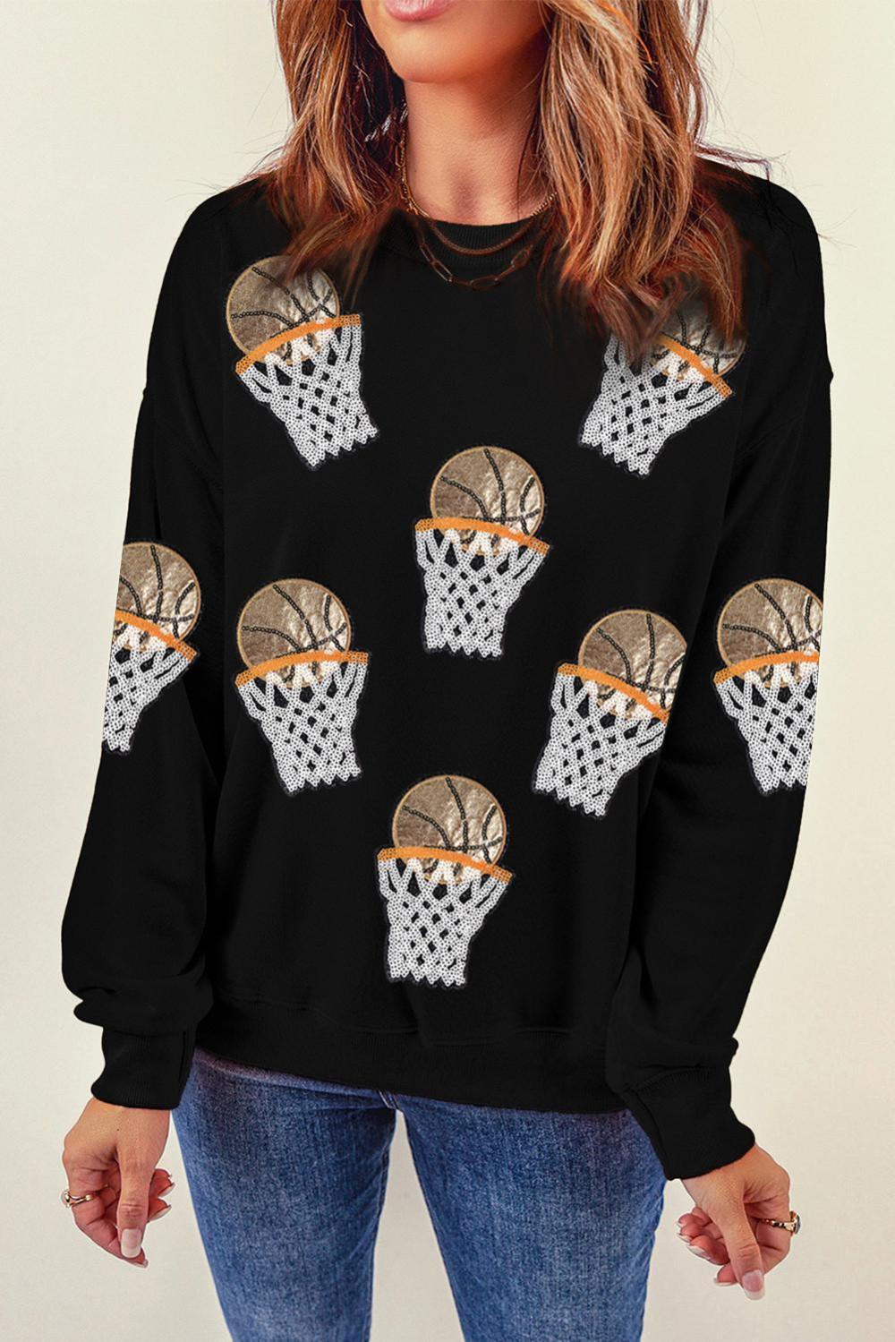 Women Black Basketball Patched Game Day Crew Neck Graphic Sweatshirt | Sweatshirts