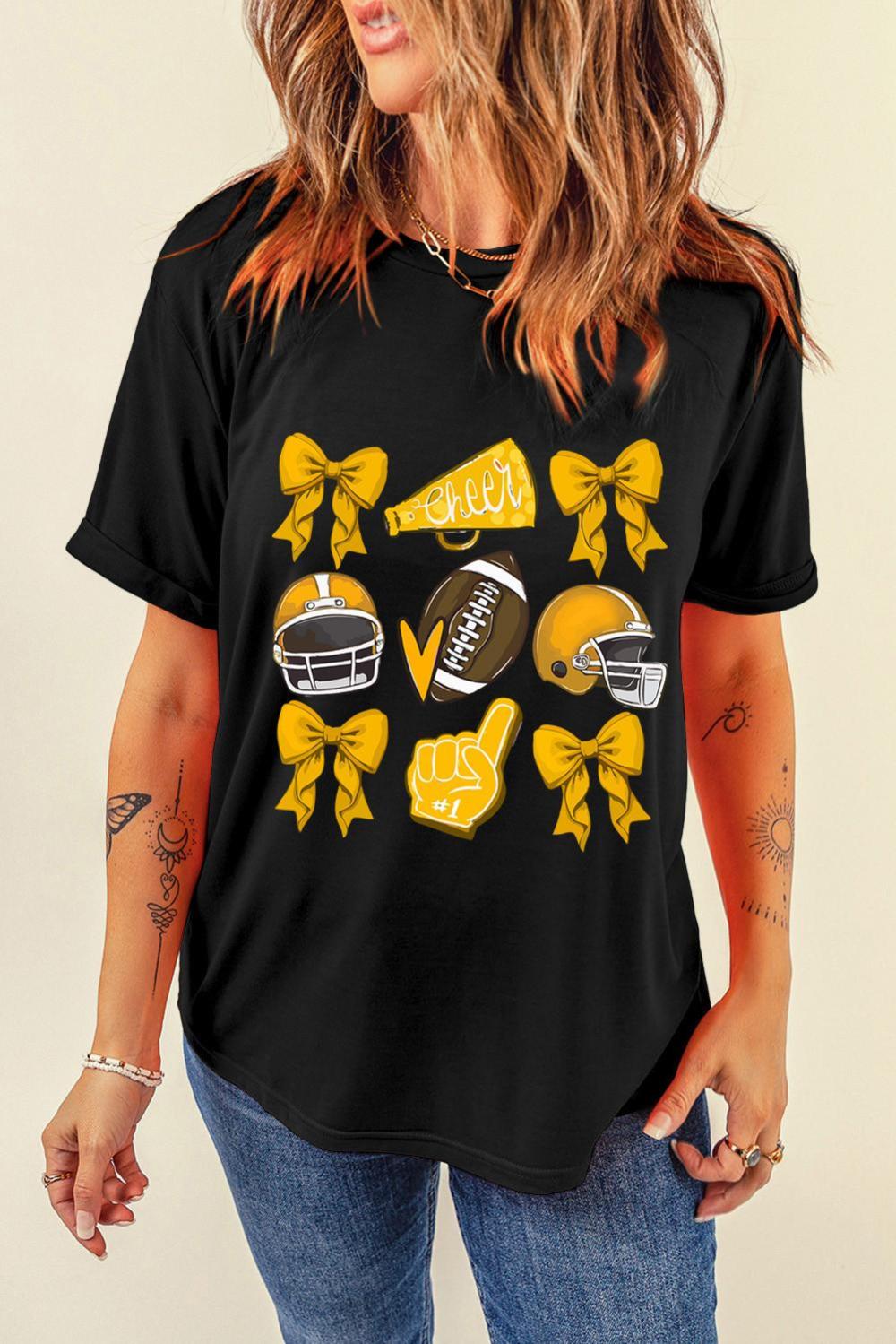 Women Black Game Day Rugby Bowknot Graphic Tee | Tees & Tanks