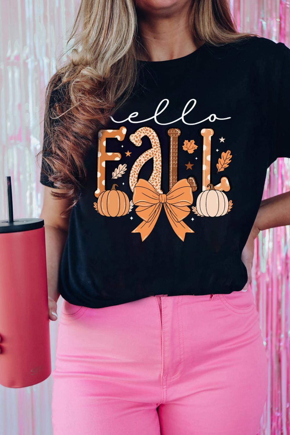 Women Black Hello Fall Thanksgiving Bow Pumpkin Graphic Tee | Tees & Tanks