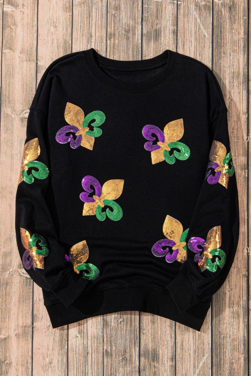 Women Black Sequin Mardi Gras Graphic Pullover Sweatshirt | Sweatshirts