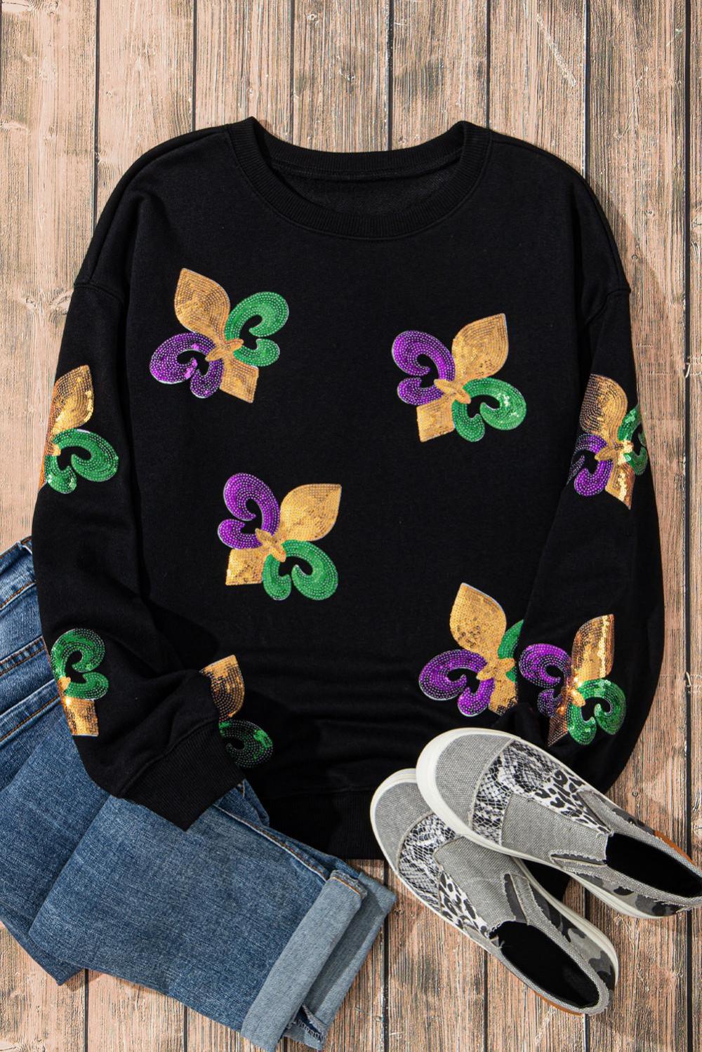 Women Black Sequin Mardi Gras Graphic Pullover Sweatshirt | Sweatshirts