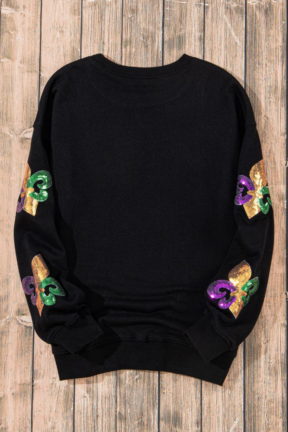 Women Black Sequin Mardi Gras Graphic Pullover Sweatshirt | Sweatshirts