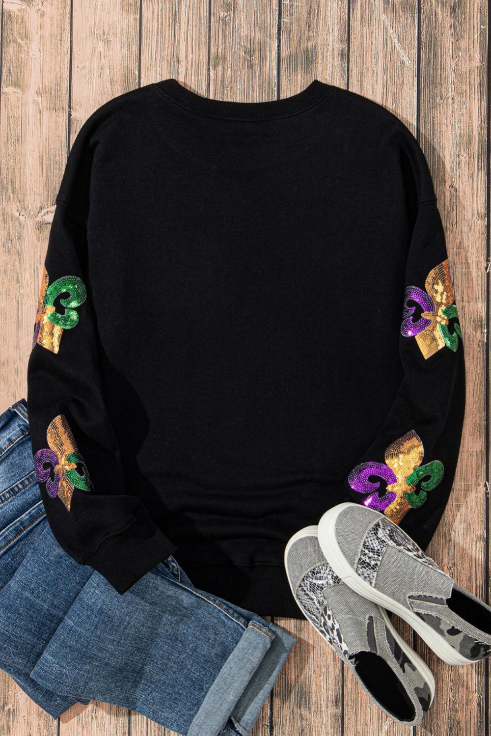 Women Black Sequin Mardi Gras Graphic Pullover Sweatshirt | Sweatshirts