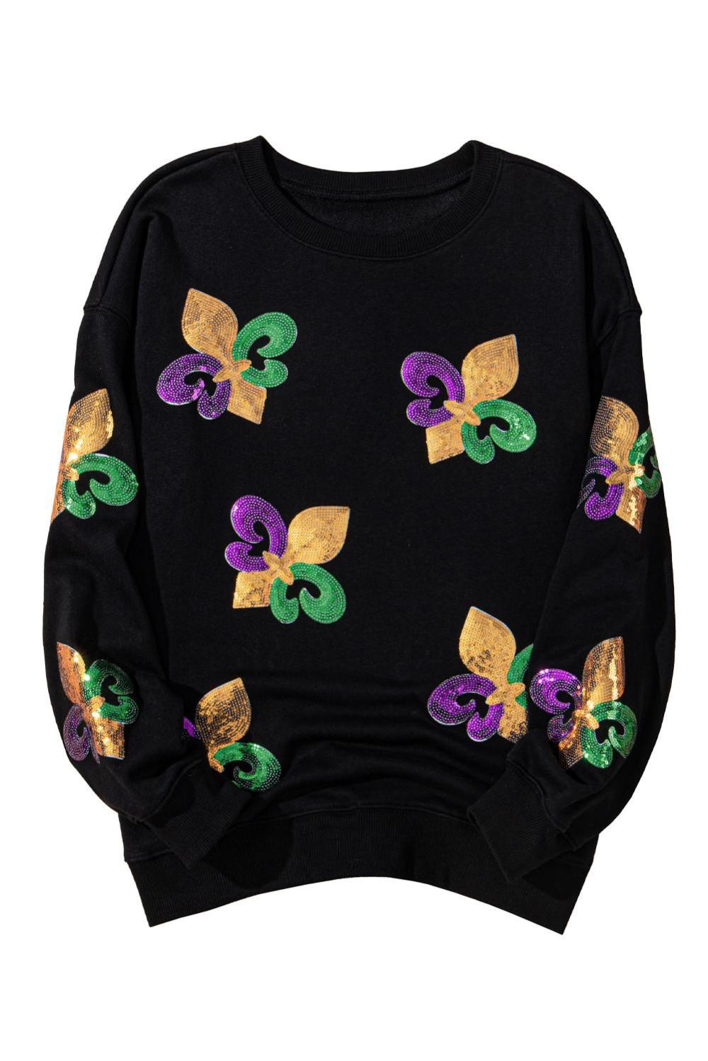Women Black Sequin Mardi Gras Graphic Pullover Sweatshirt | Sweatshirts