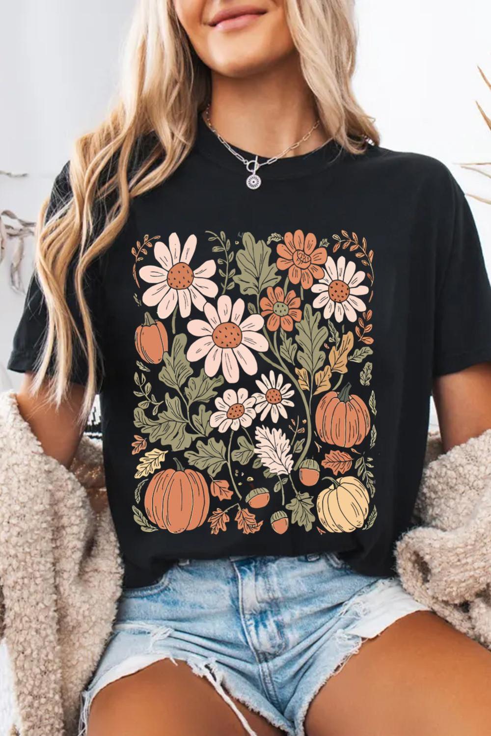 Women Black Wild Flower Pumpkin Print T Shirt | Tees & Tanks
