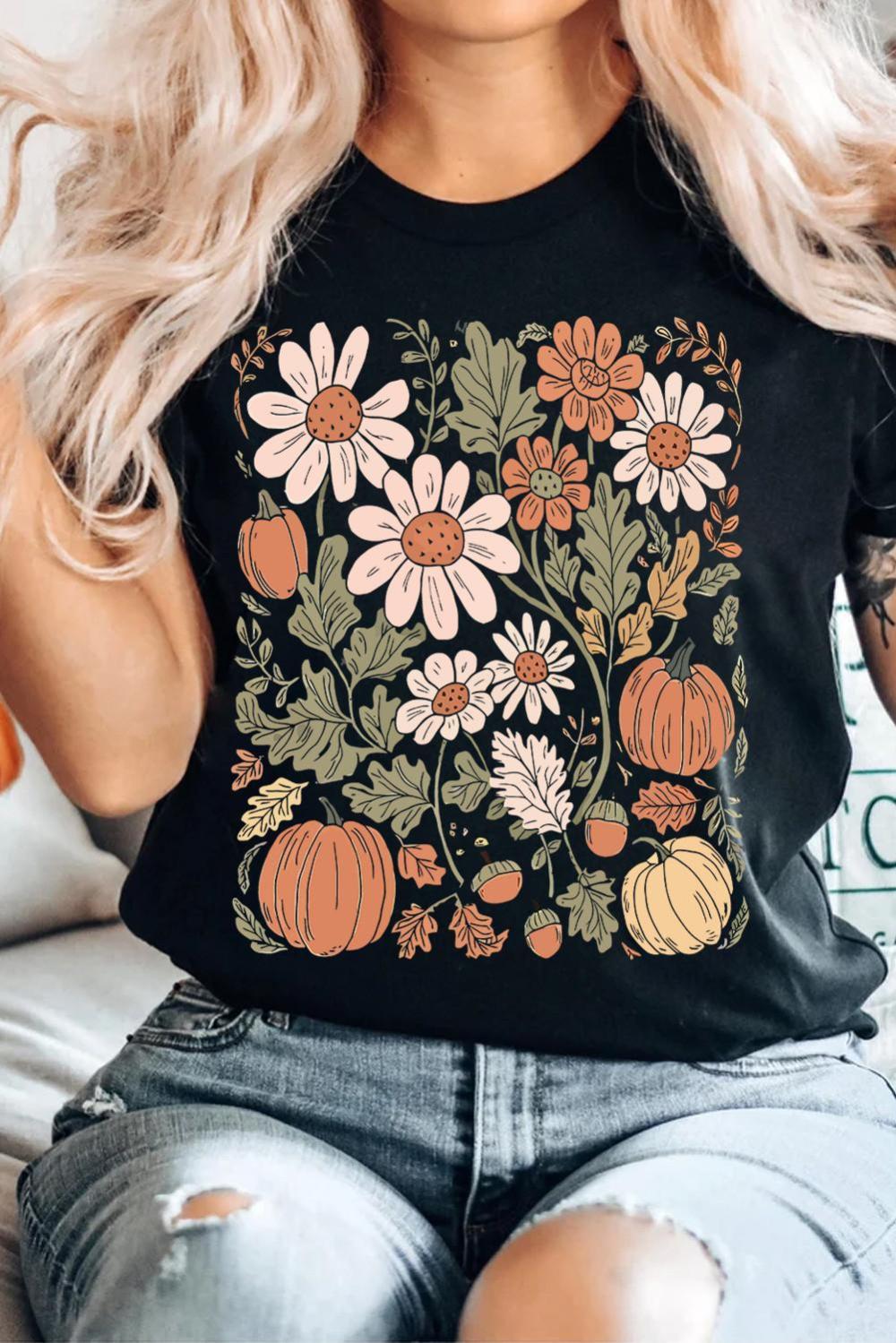 Women Black Wild Flower Pumpkin Print T Shirt | Tees & Tanks