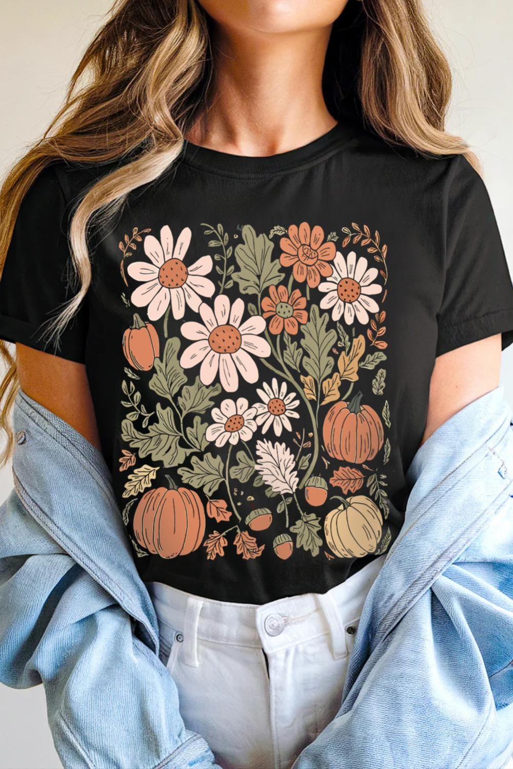 Women Black Wild Flower Pumpkin Print T Shirt | Tees & Tanks