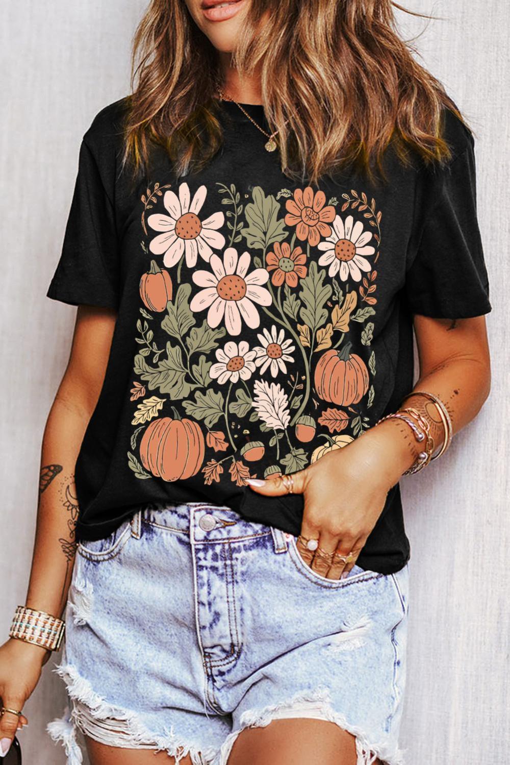 Women Black Wild Flower Pumpkin Print T Shirt | Tees & Tanks