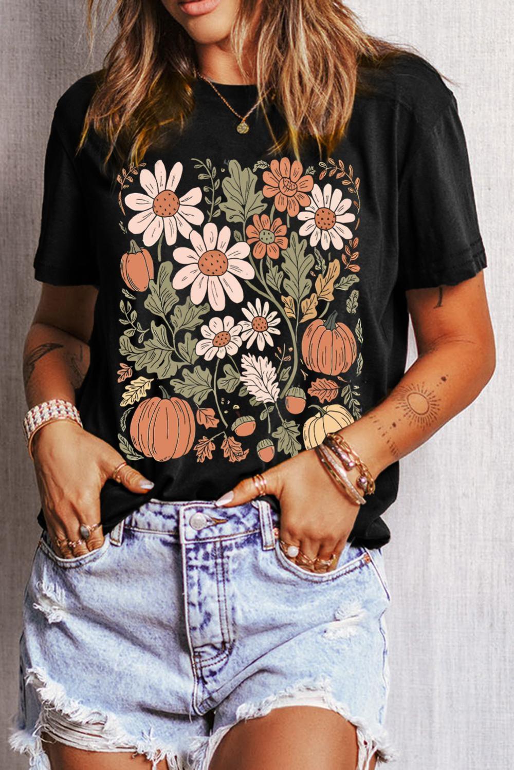 Women Black Wild Flower Pumpkin Print T Shirt | Tees & Tanks