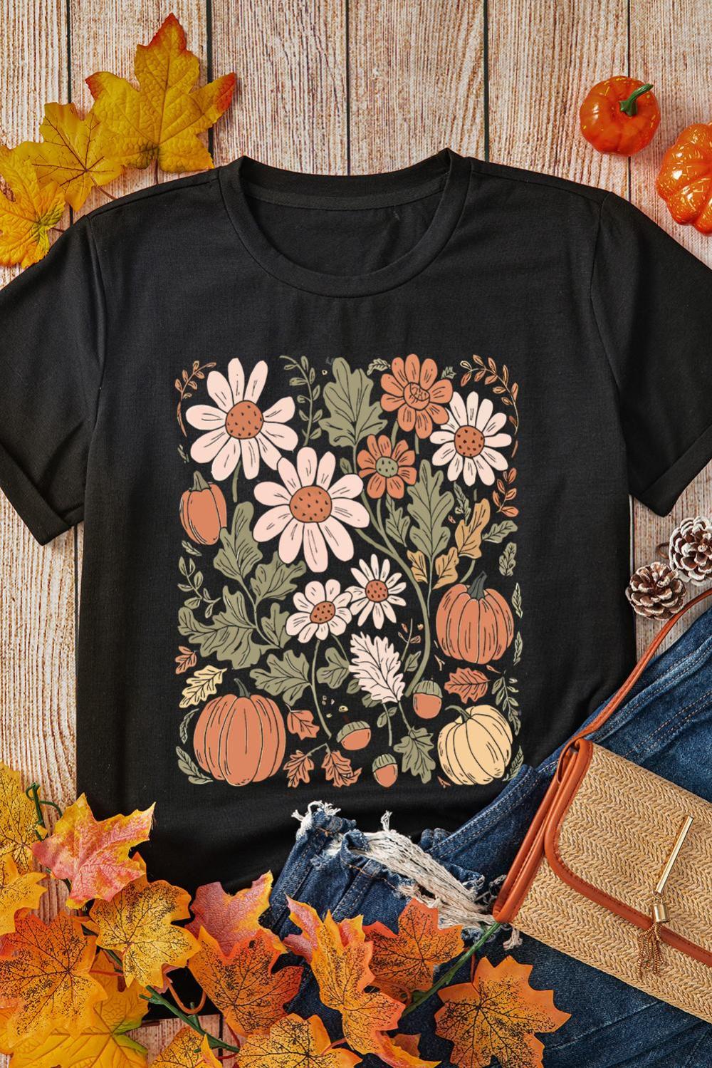 Women Black Wild Flower Pumpkin Print T Shirt | Tees & Tanks