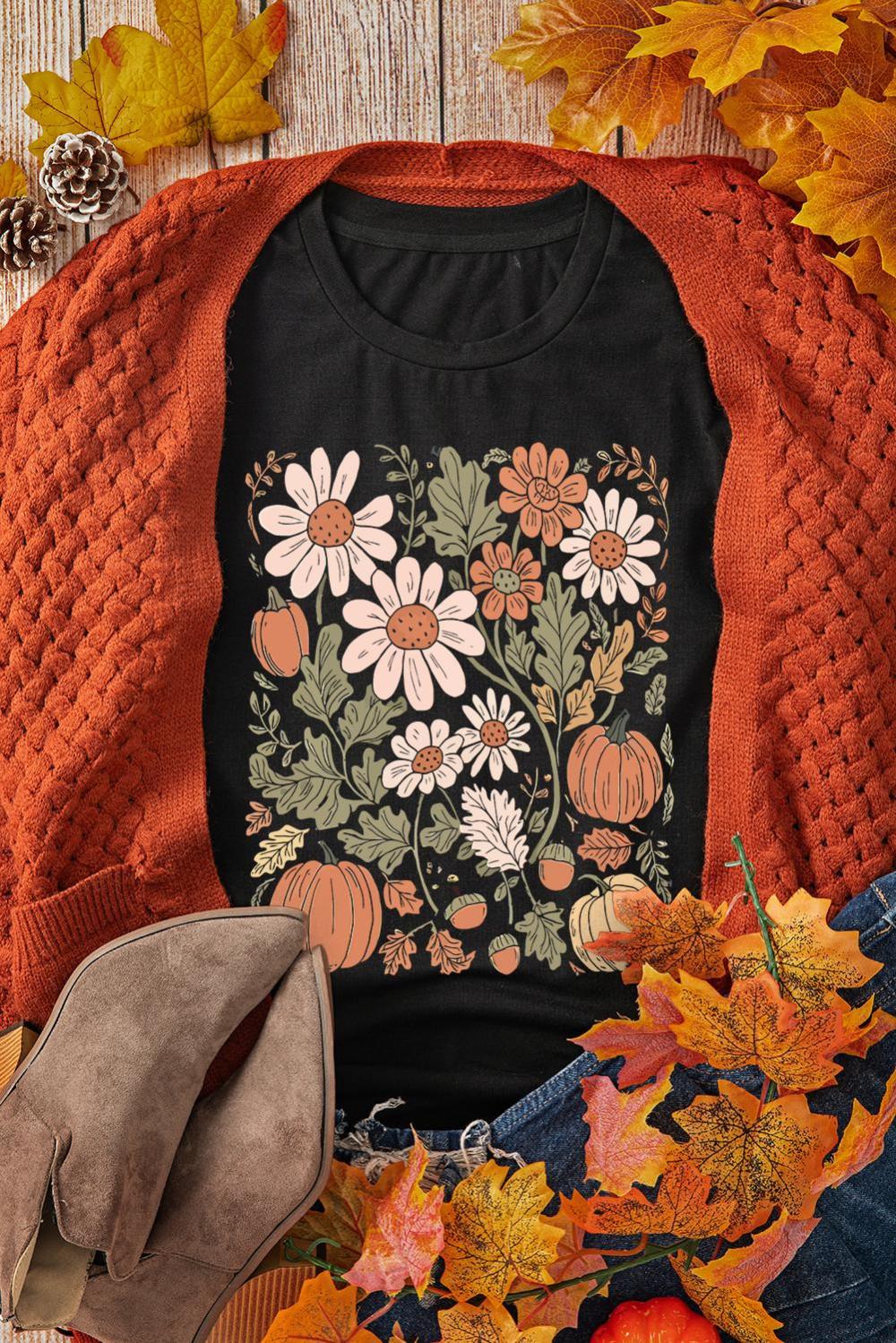 Women Black Wild Flower Pumpkin Print T Shirt | Tees & Tanks