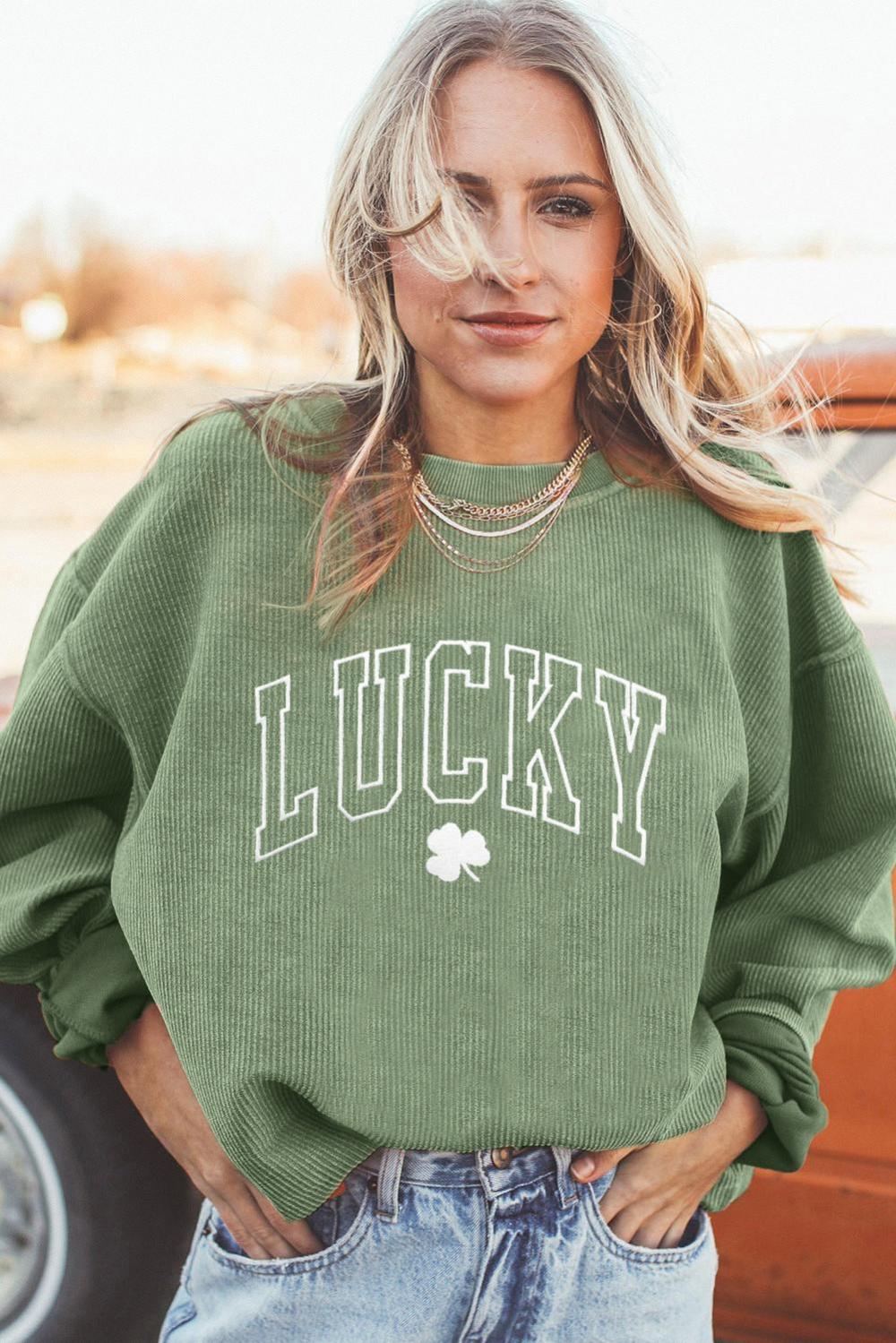 Women Grass Green Lucky Clover Drop Shoulder Ribbed St Patrick Sweatshirt | Sweatshirts