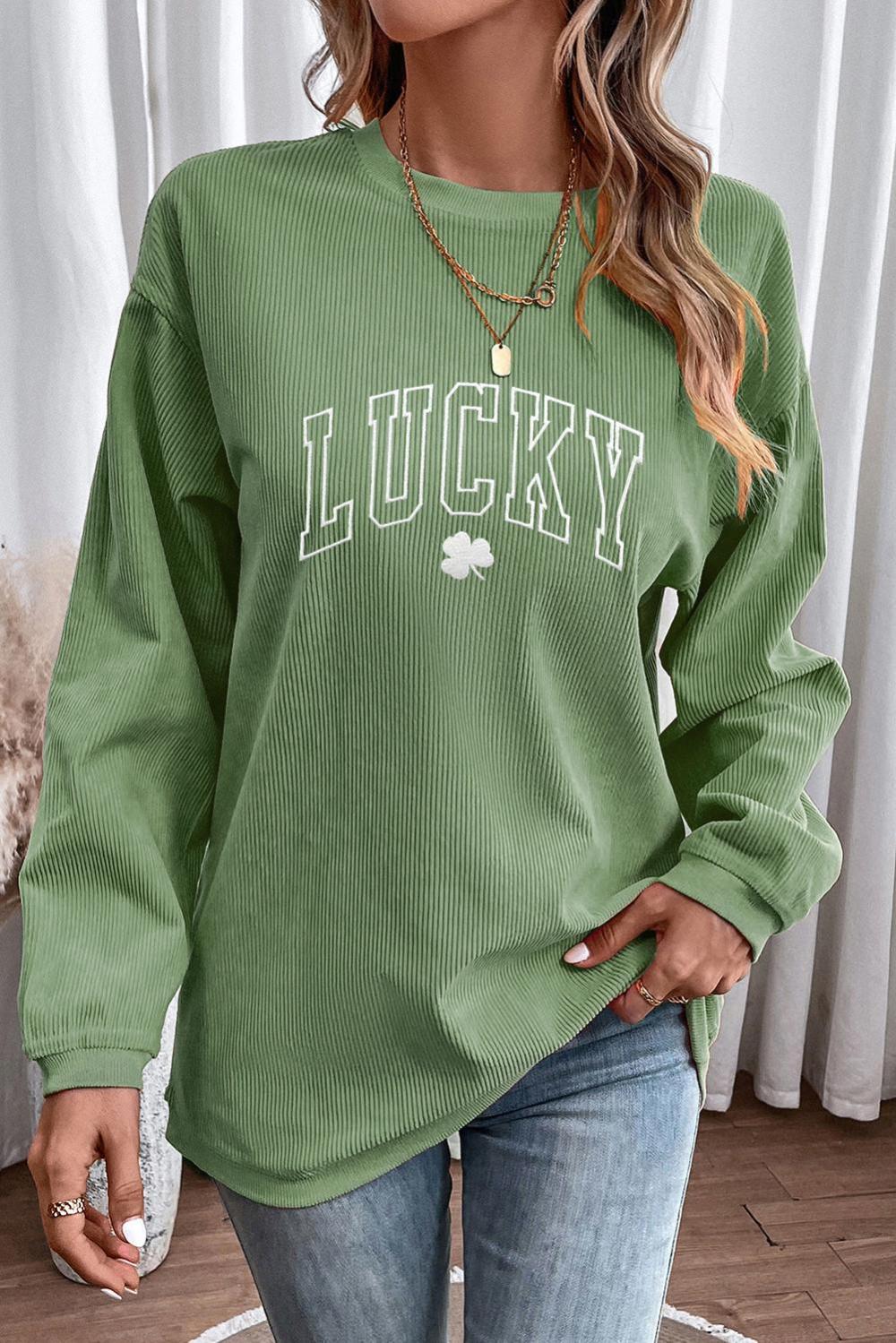 Women Grass Green Lucky Clover Drop Shoulder Ribbed St Patrick Sweatshirt | Sweatshirts