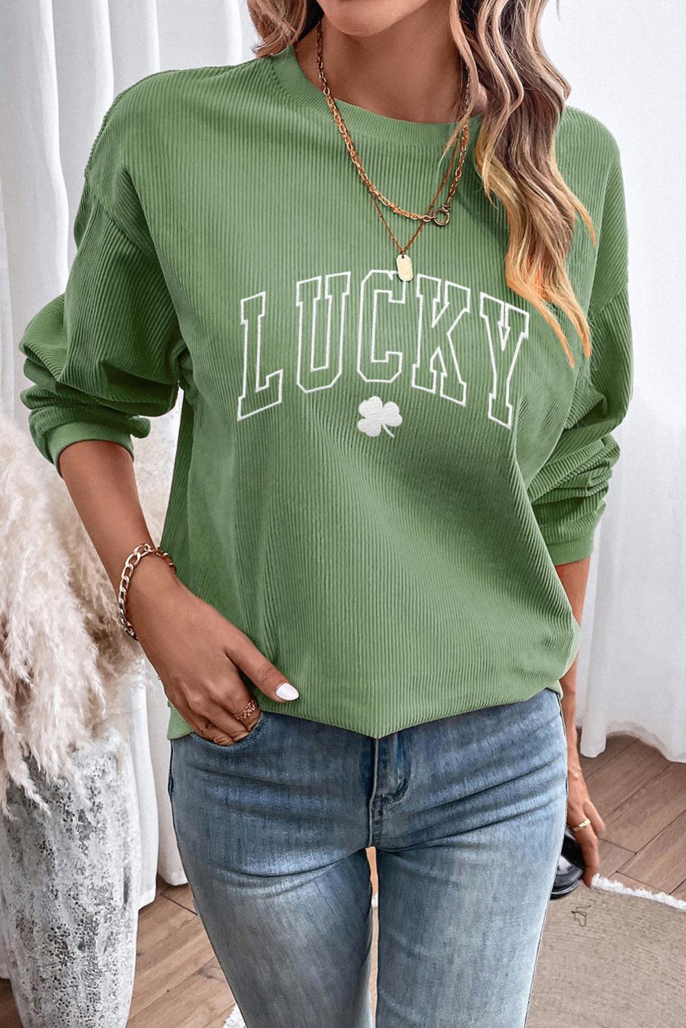 Women Grass Green Lucky Clover Drop Shoulder Ribbed St Patrick Sweatshirt | Sweatshirts