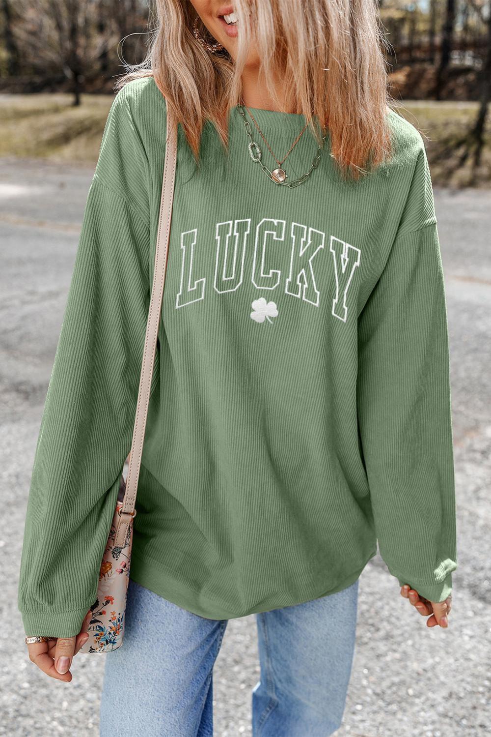 Women Grass Green Lucky Clover Drop Shoulder Ribbed St Patrick Sweatshirt | Sweatshirts