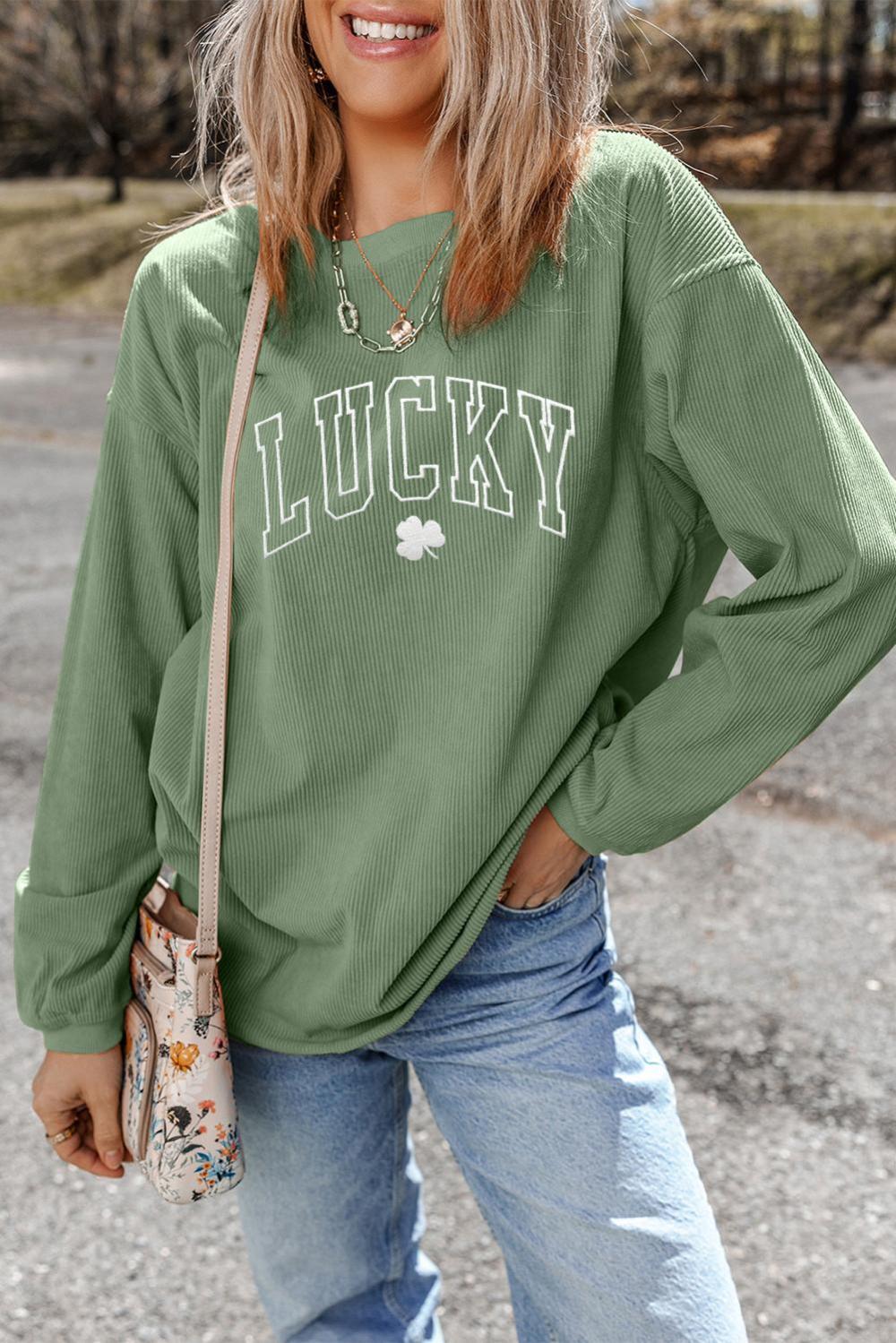 Women Grass Green Lucky Clover Drop Shoulder Ribbed St Patrick Sweatshirt | Sweatshirts