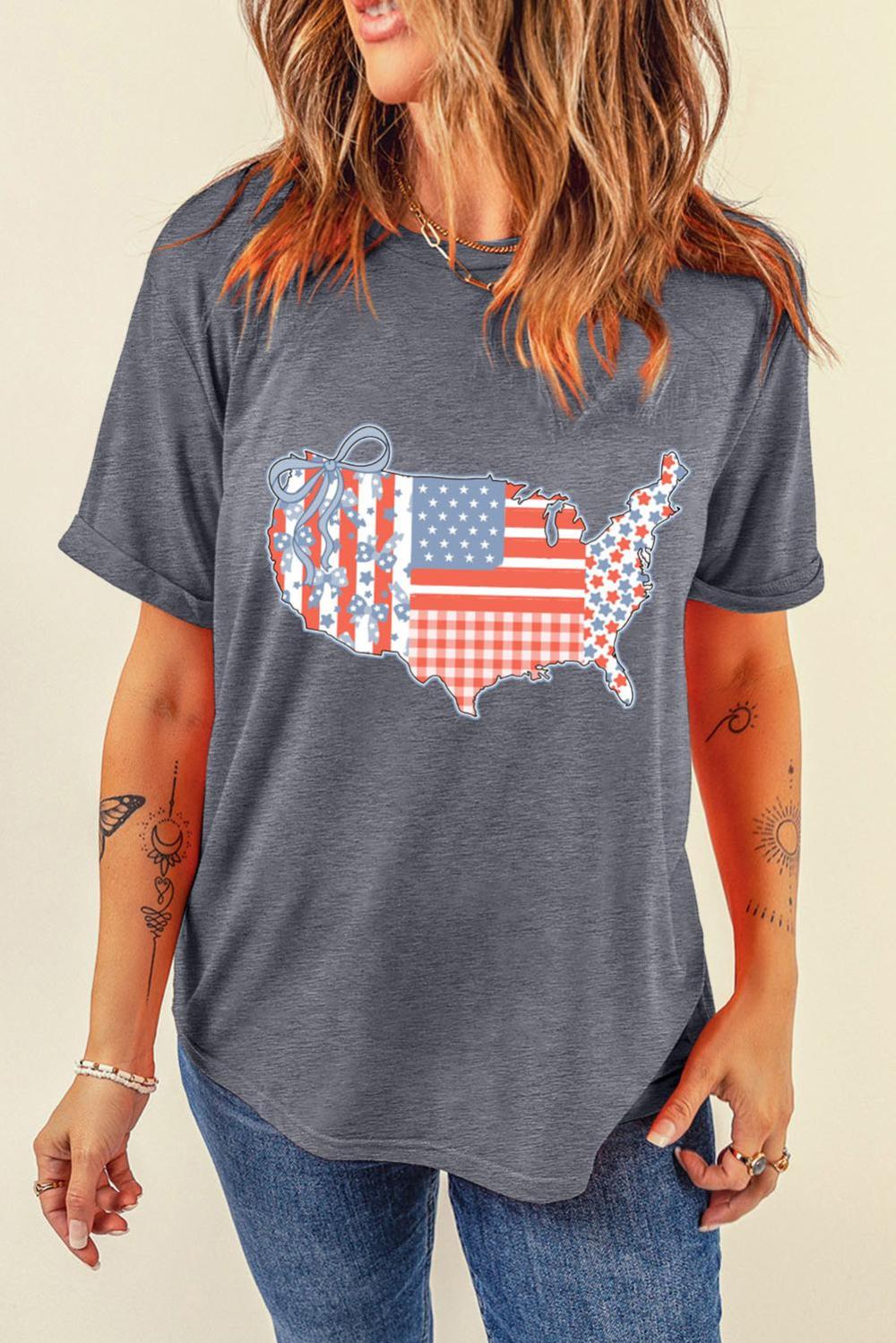 Women Gray American Flag Bow Map Graphic Tee | Tees & Tanks