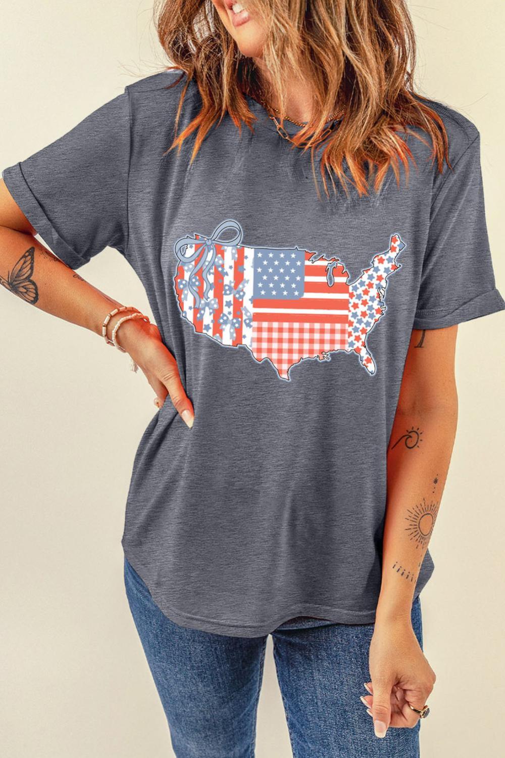 Women Gray American Flag Bow Map Graphic Tee | Tees & Tanks