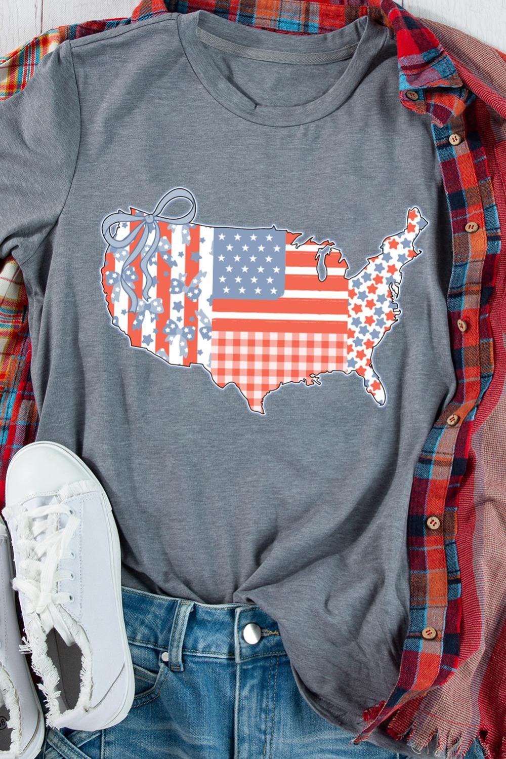 Women Gray American Flag Bow Map Graphic Tee | Tees & Tanks