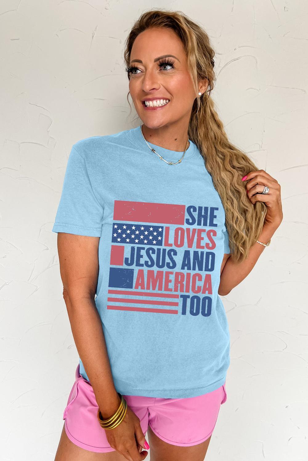 Women Light Blue She Loves Jesus And America Too Patriotic T Shirt | Tees & Tanks