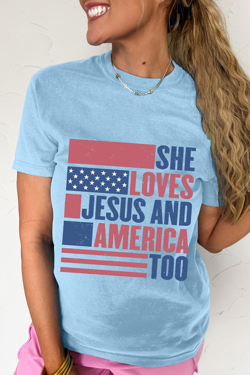 Women Light Blue She Loves Jesus And America Too Patriotic T Shirt | Tees & Tanks