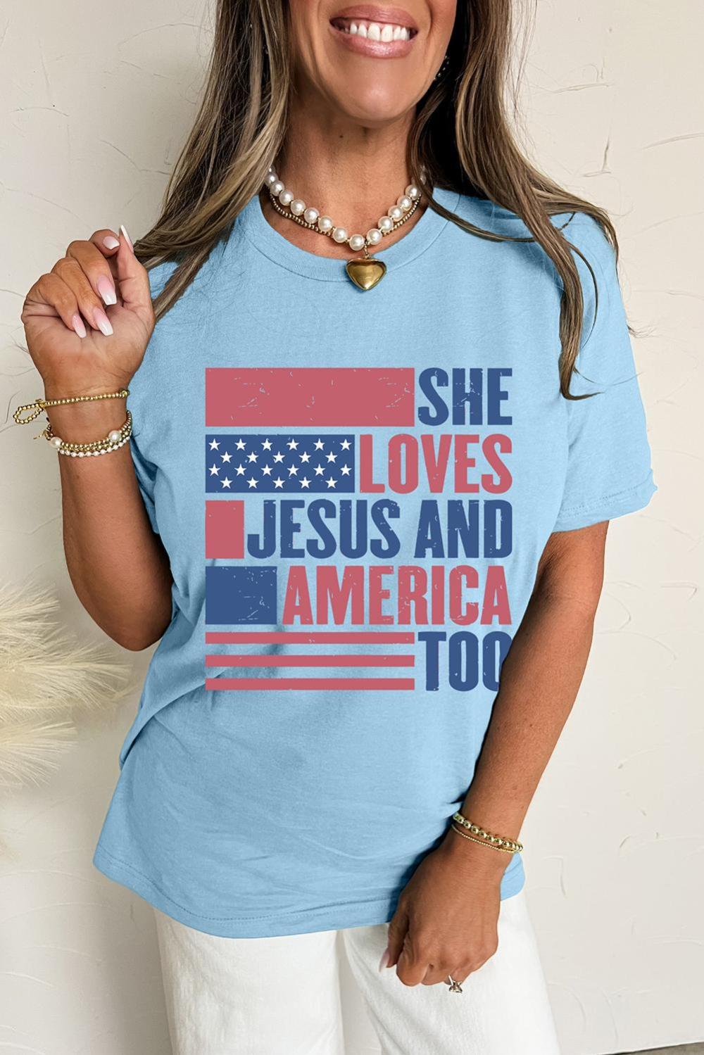 Women Light Blue She Loves Jesus And America Too Patriotic T Shirt | Tees & Tanks