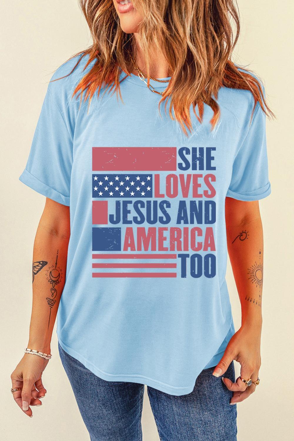 Women Light Blue She Loves Jesus And America Too Patriotic T Shirt | Tees & Tanks