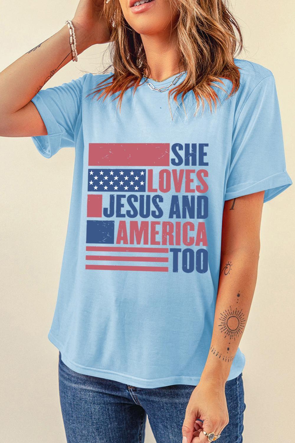 Women Light Blue She Loves Jesus And America Too Patriotic T Shirt | Tees & Tanks