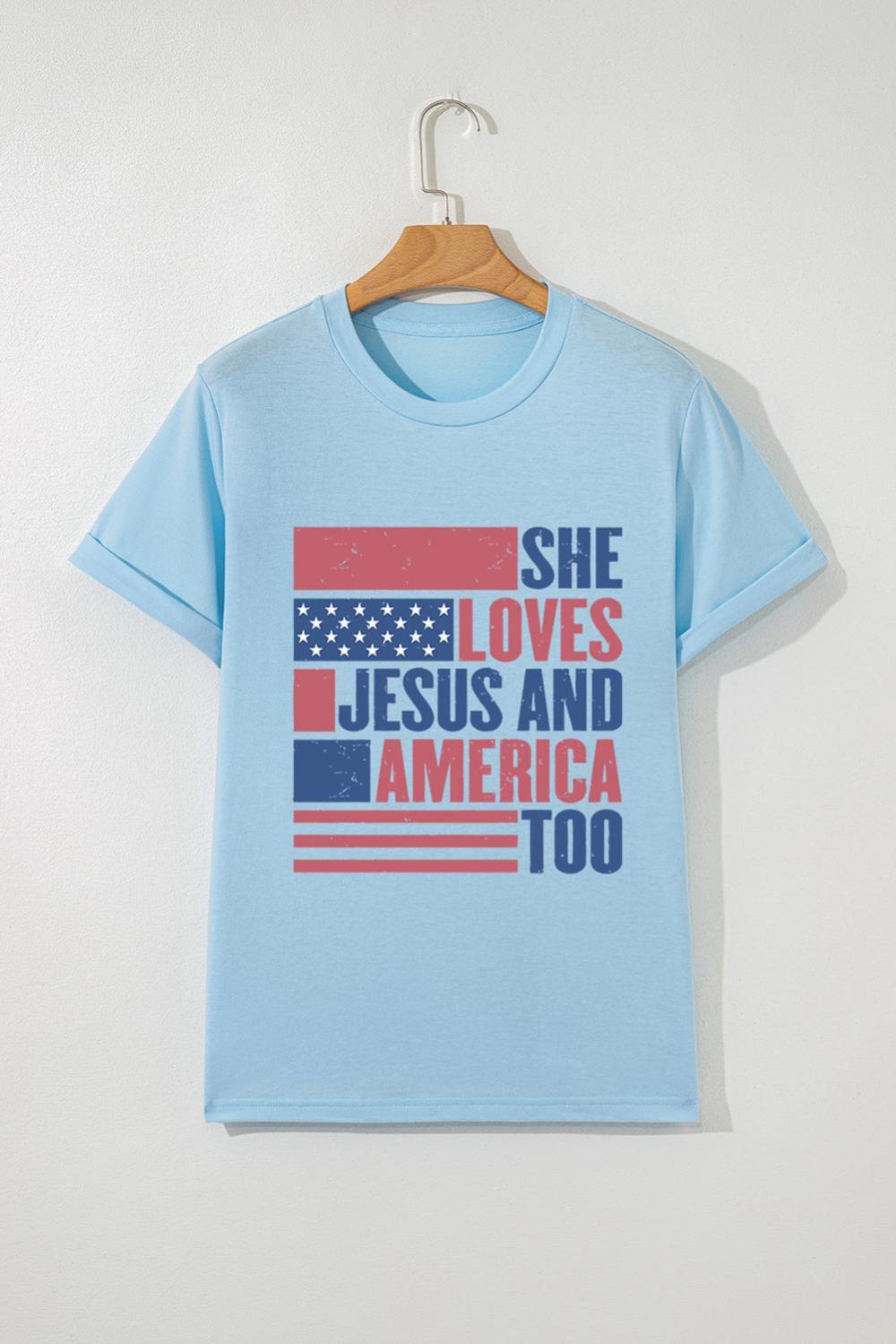 Women Light Blue She Loves Jesus And America Too Patriotic T Shirt | Tees & Tanks