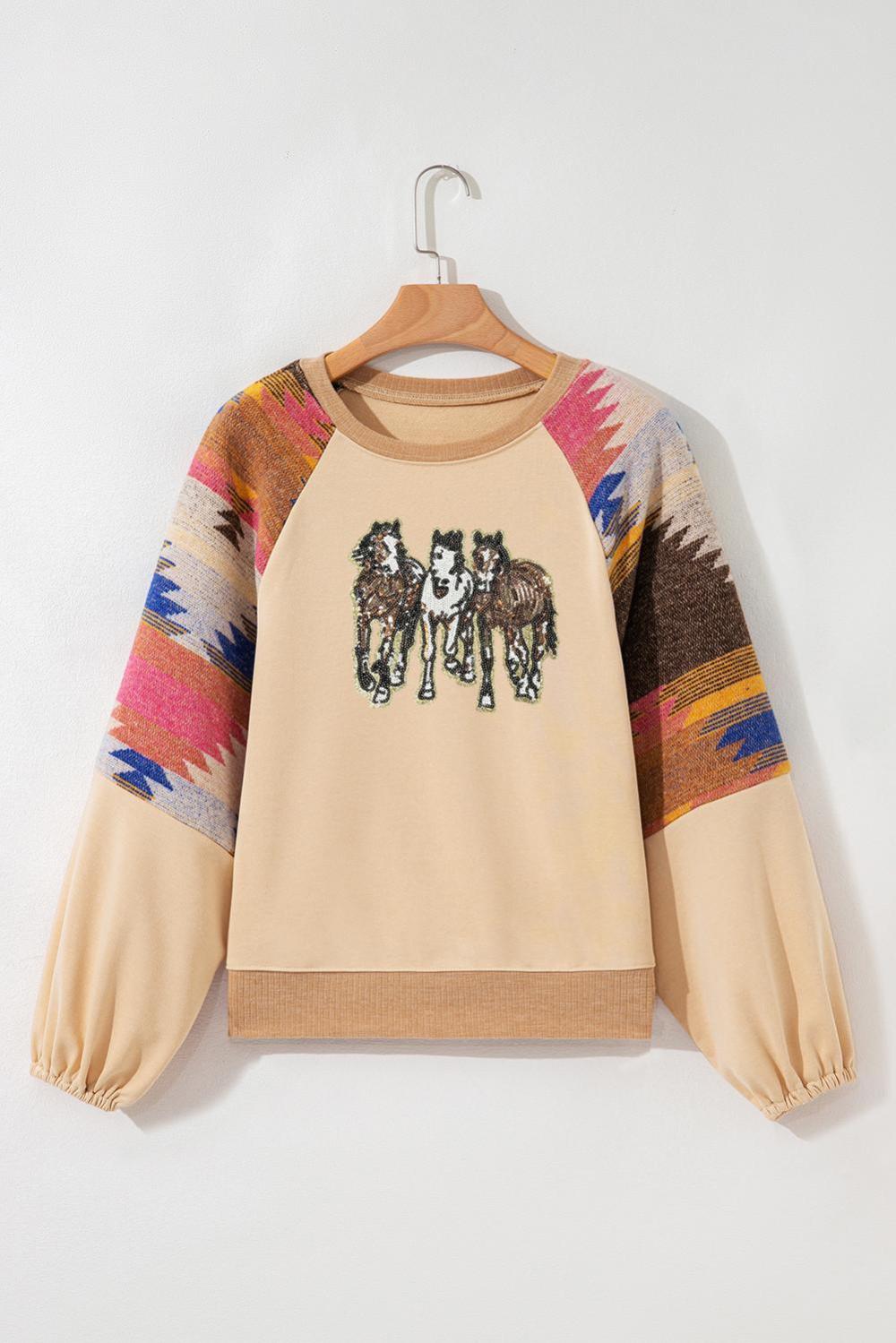 Women Light French Beige Sequined Horses Graphic Fashion Sweatshirt | Sweatshirts