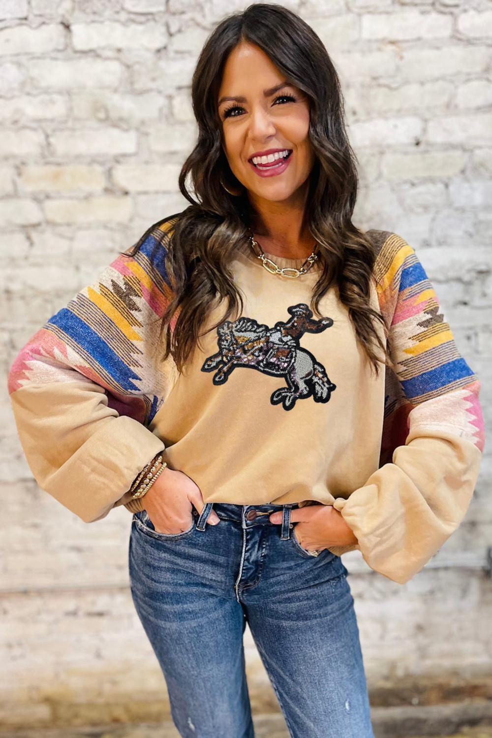 Women Light French Beige Sequined Rodeo Graphic Fashion Sweatshirt | Sweatshirts