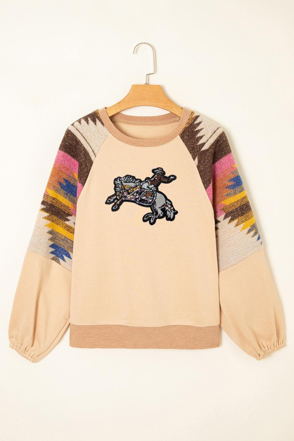 Women Light French Beige Sequined Rodeo Graphic Fashion Sweatshirt | Sweatshirts