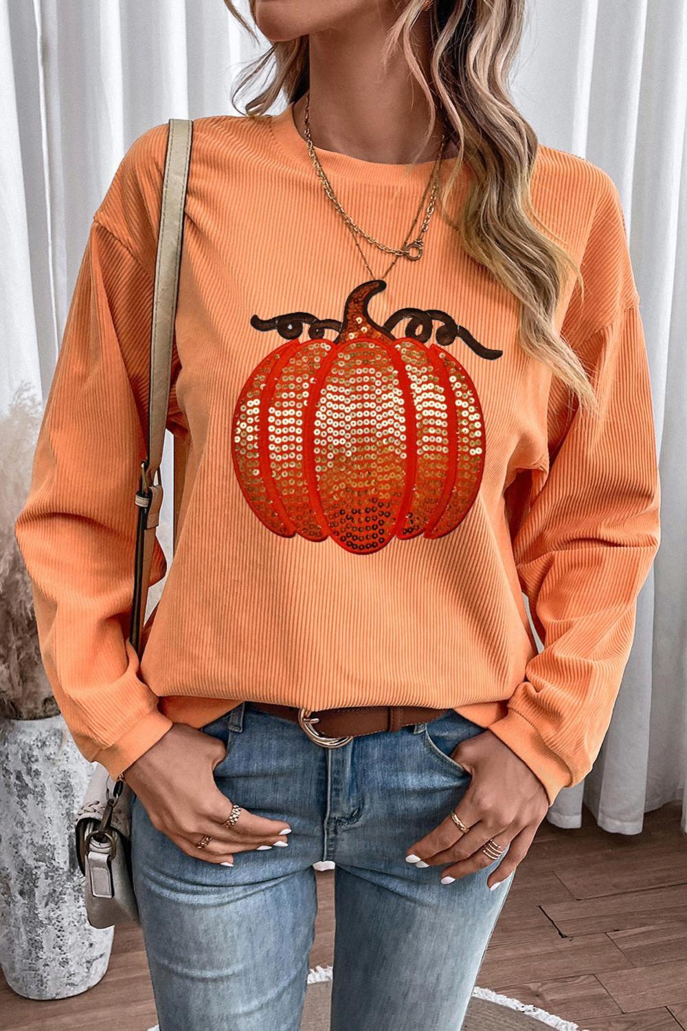 Women Orange Crinkle Ribbed Halloween Sequin Pumpkin Graphic Sweatshirt | Sweatshirts