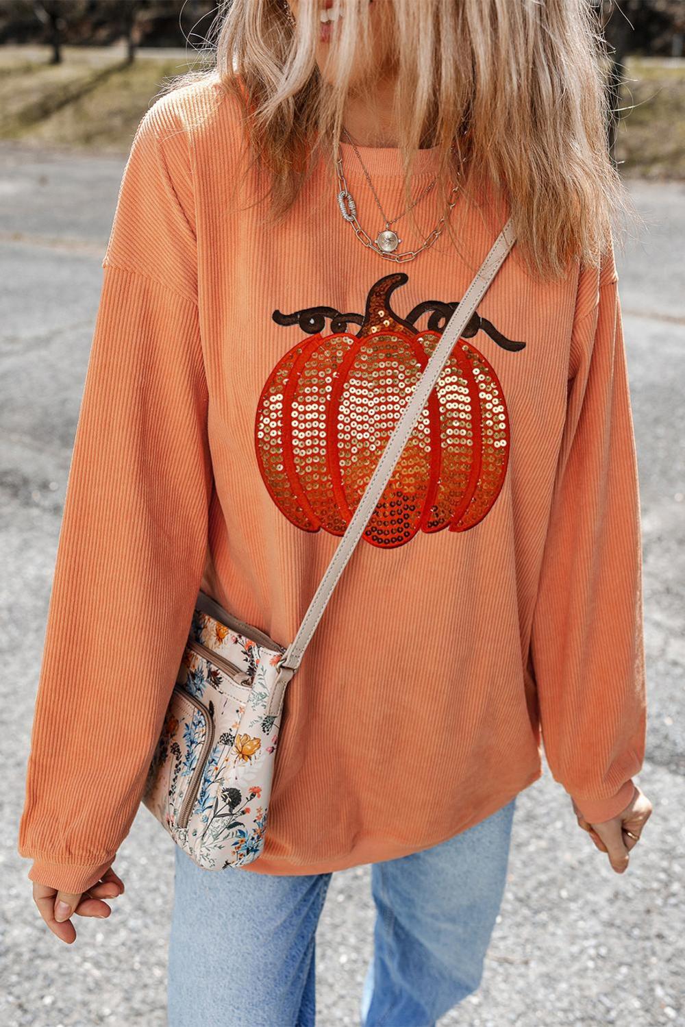 Women Orange Crinkle Ribbed Halloween Sequin Pumpkin Graphic Sweatshirt | Sweatshirts