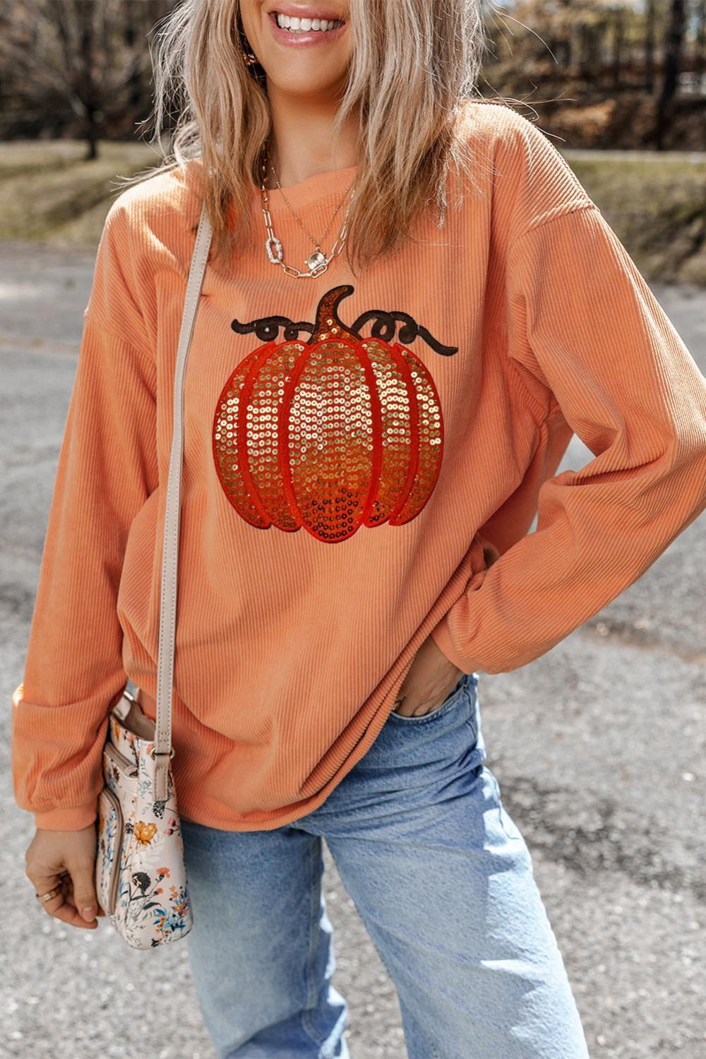Women Orange Crinkle Ribbed Halloween Sequin Pumpkin Graphic Sweatshirt | Sweatshirts