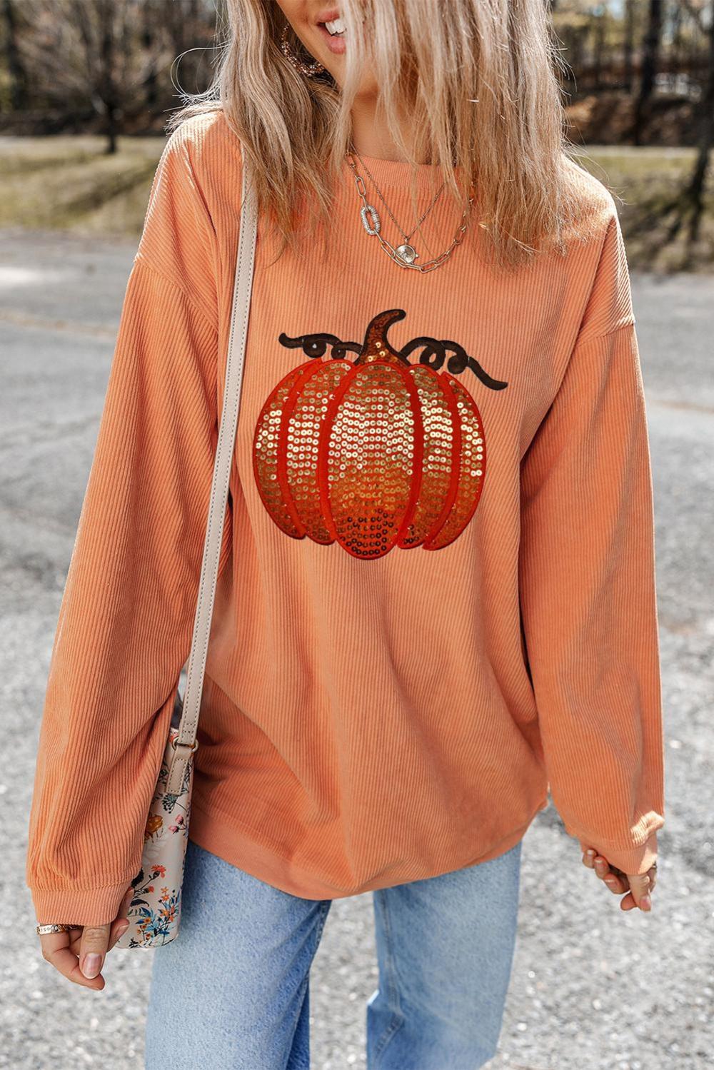 Women Orange Crinkle Ribbed Halloween Sequin Pumpkin Graphic Sweatshirt | Sweatshirts
