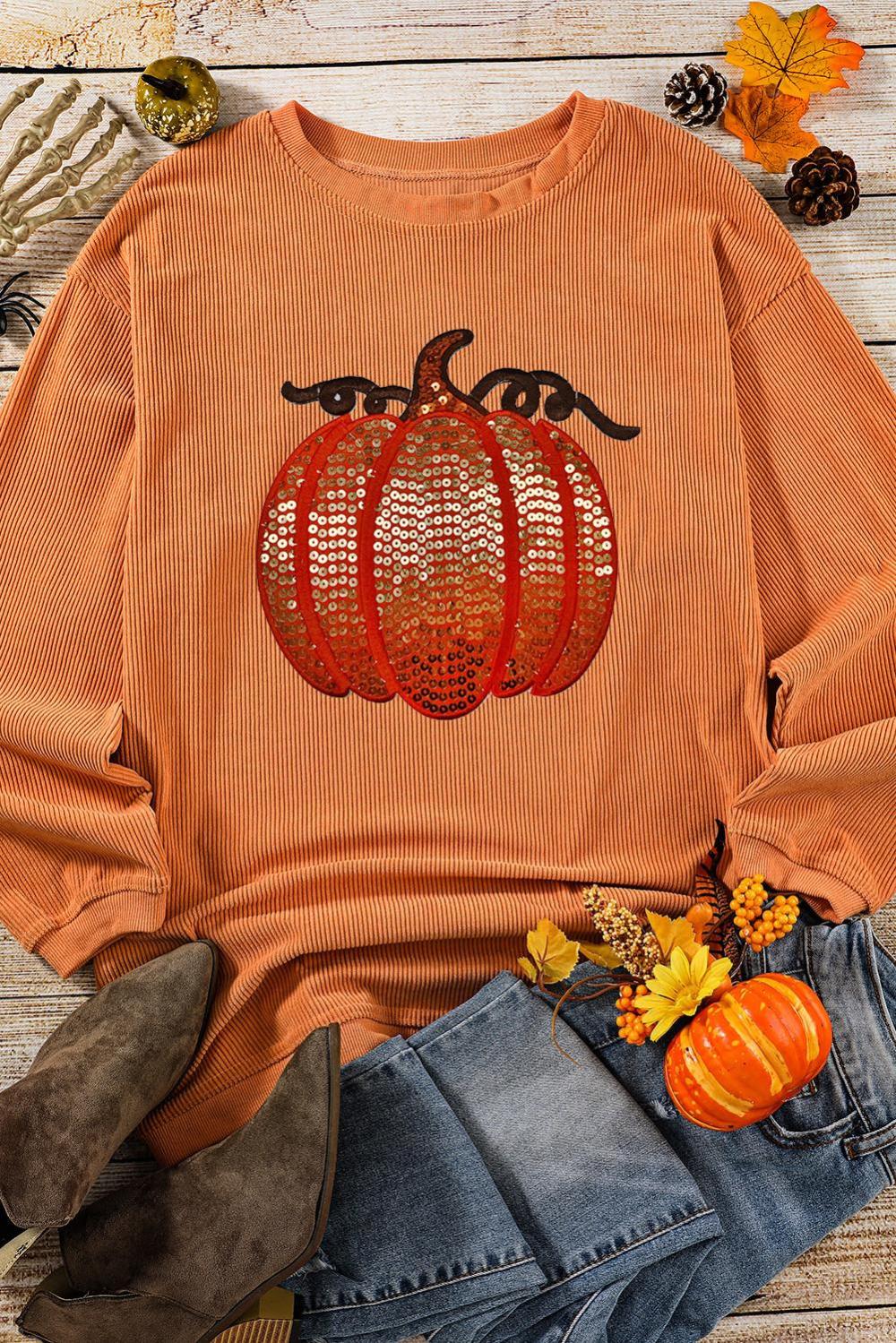 Women Orange Crinkle Ribbed Halloween Sequin Pumpkin Graphic Sweatshirt | Sweatshirts