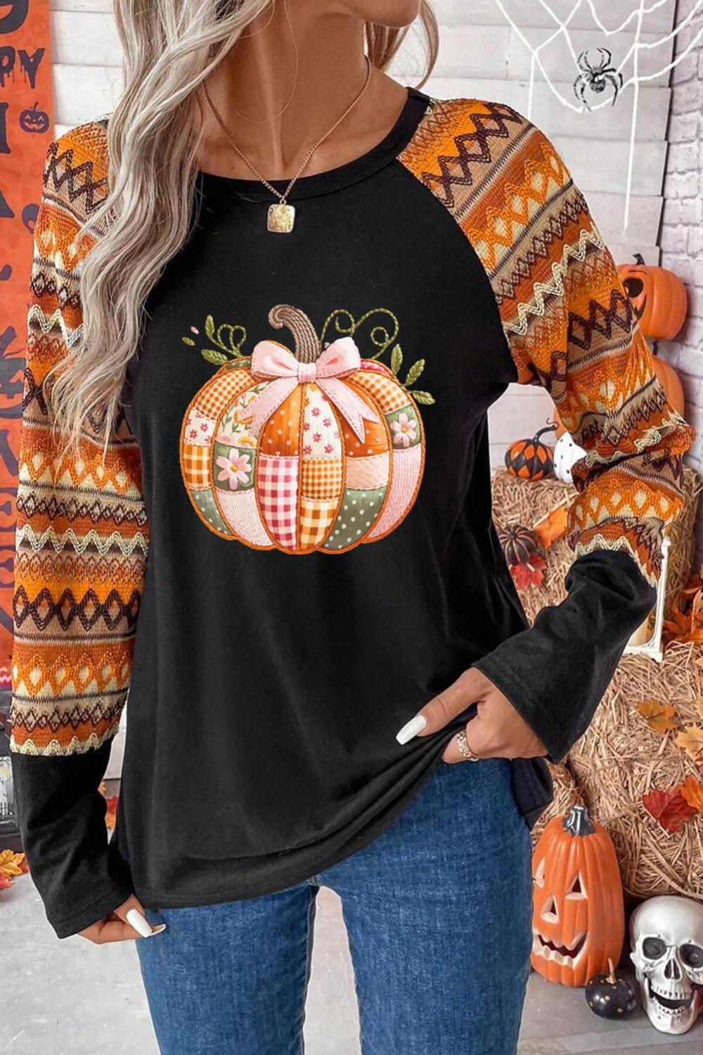 Women Orange Cute Pumpkin Graphic Geo Print Raglan Long Sleeve T Shirt | Tees & Tanks