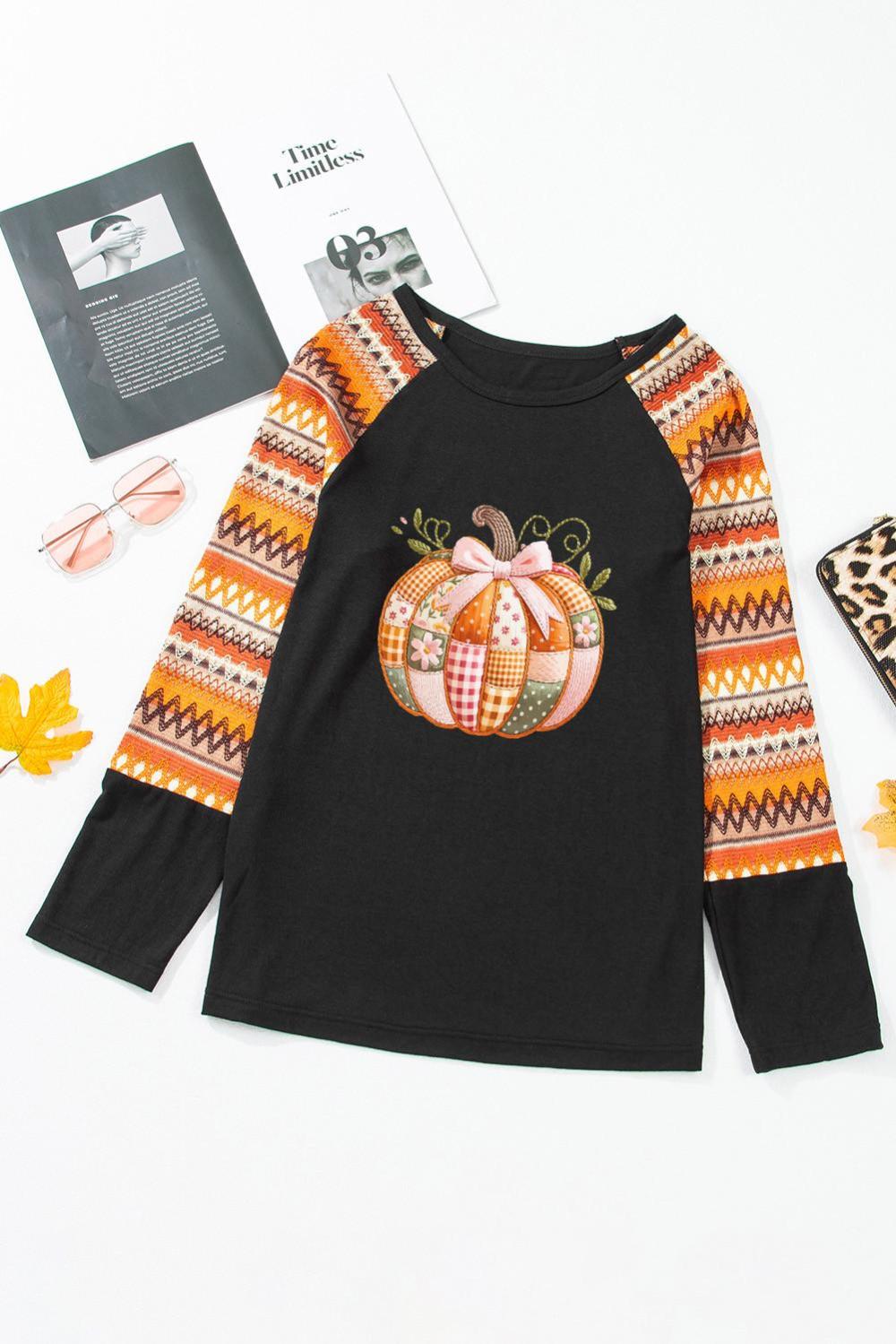 Women Orange Cute Pumpkin Graphic Geo Print Raglan Long Sleeve T Shirt | Tees & Tanks