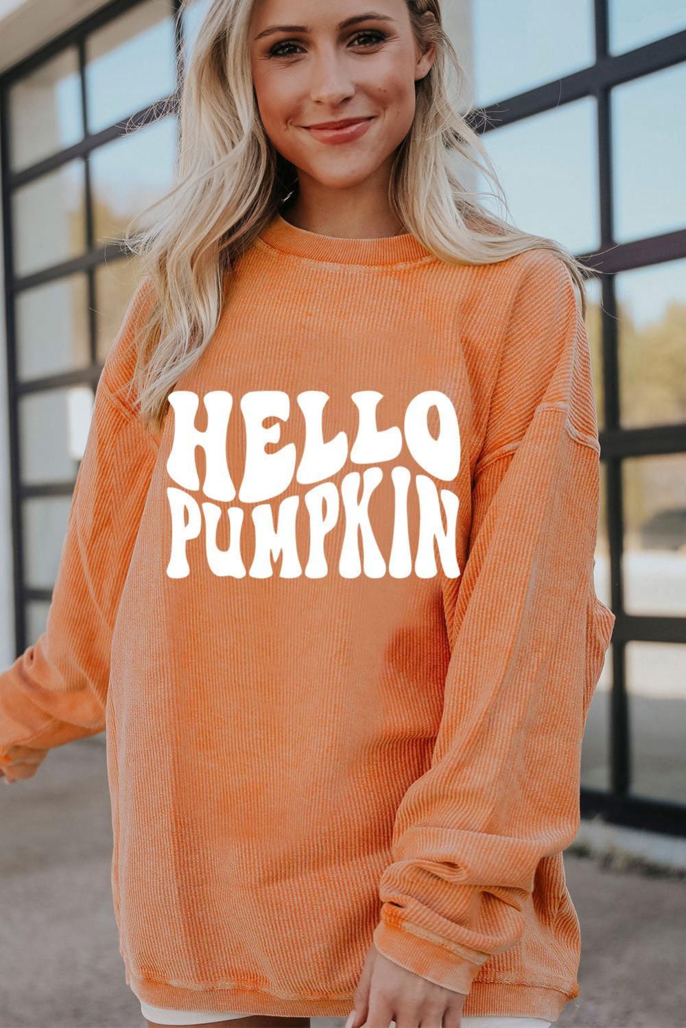 Women Orange Hello Pumpkin Letter Graphic Corded Sweatshirt | Sweatshirts