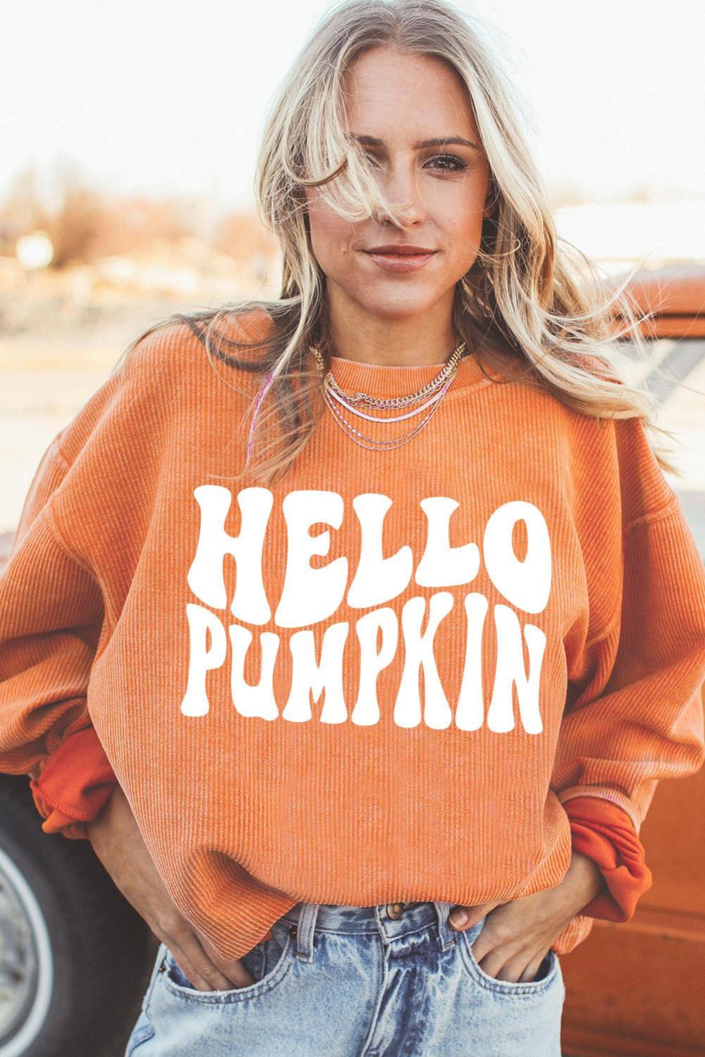 Women Orange Hello Pumpkin Letter Graphic Corded Sweatshirt | Sweatshirts