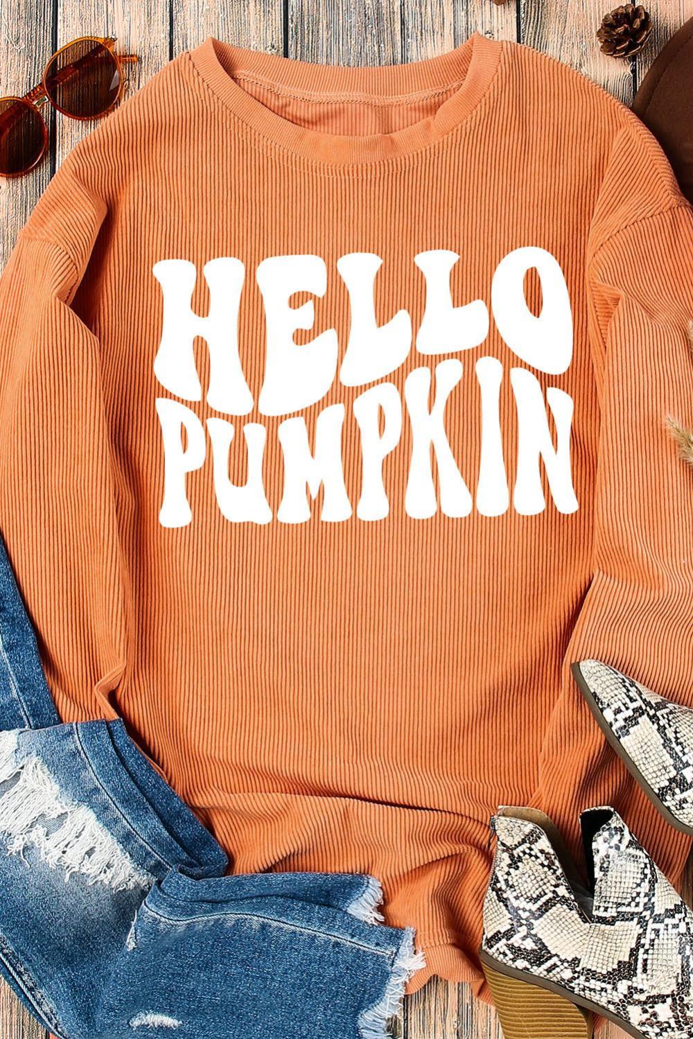 Women Orange Hello Pumpkin Letter Graphic Corded Sweatshirt | Sweatshirts