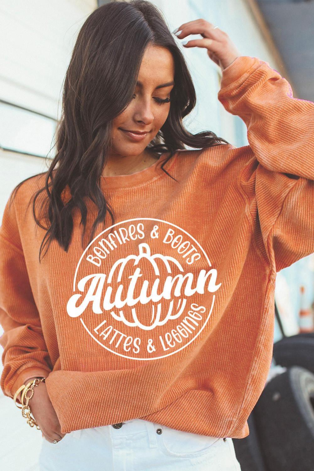Women Orange Pumpkin Graphic Print Corded Oversized Sweatshirt | Sweatshirts