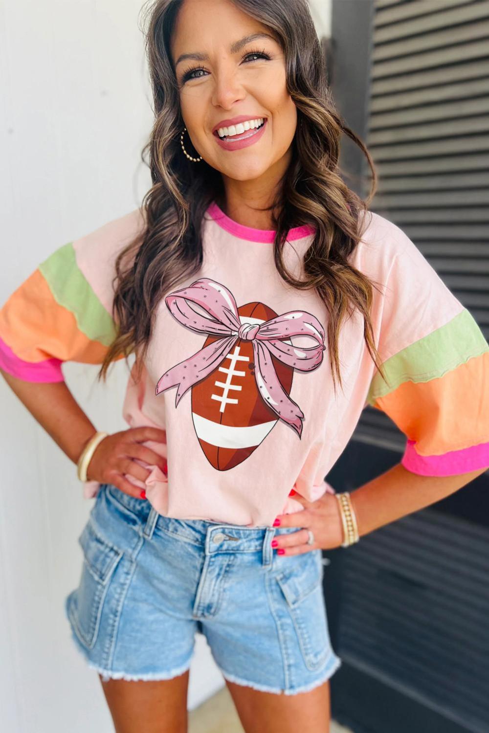Women Pink Colorblock Sleeve Rhinestone Bow Football Print T Shirt | Tees & Tanks