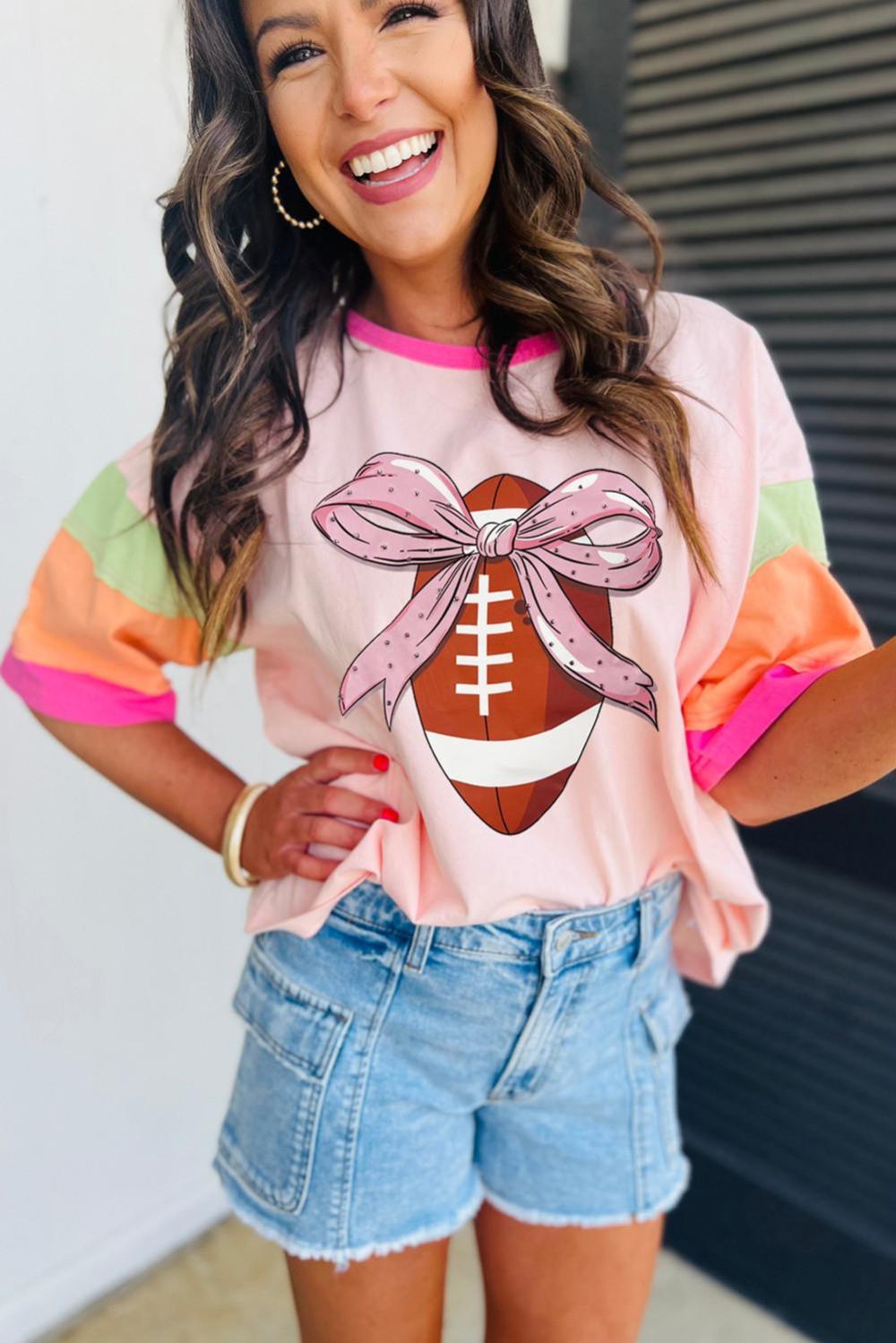 Women Pink Colorblock Sleeve Rhinestone Bow Football Print T Shirt | Tees & Tanks
